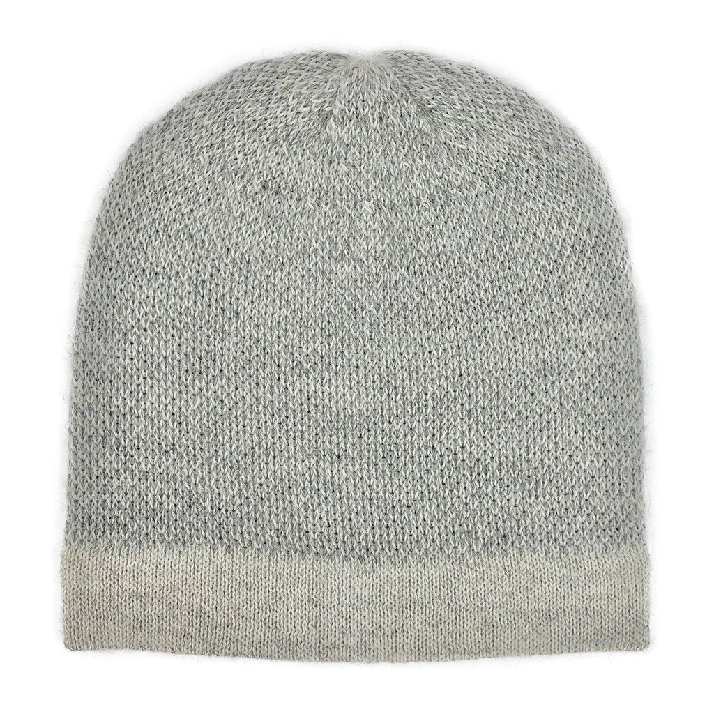 Gray two-tone alpaca hat laid flat from the front, pale band at the brim