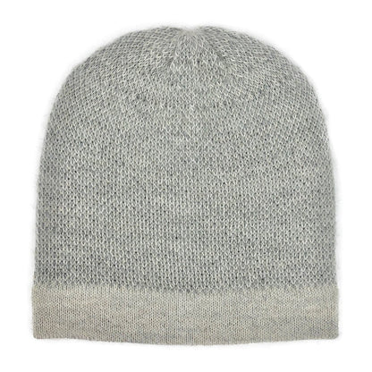 Gray two-tone alpaca hat laid flat from the front, pale band at the brim