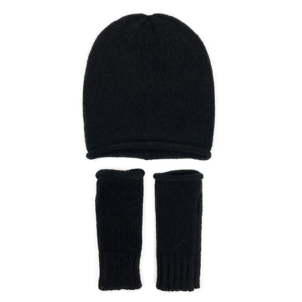 Black beanie laid flat above a pair of black fingerless gloves