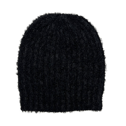 Black alpaca beanie laid flat, its looped yarn giving a fuzzy texture over faint ribbed stripes