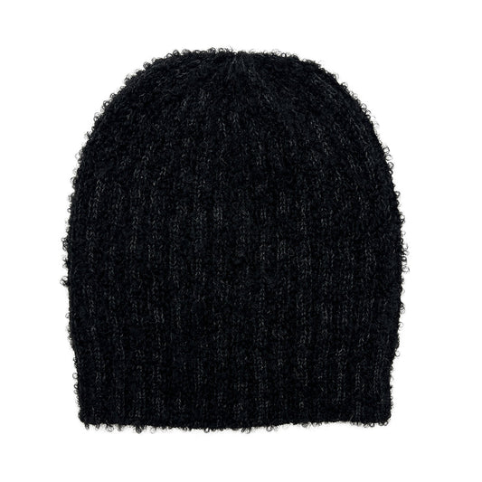 Black alpaca beanie laid flat, its looped yarn giving a fuzzy texture over faint ribbed stripes