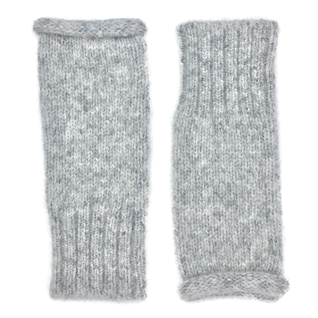 Pair of heather gray knit wrist warmers laid flat, plain knit body with a ribbed band and a rolled edge