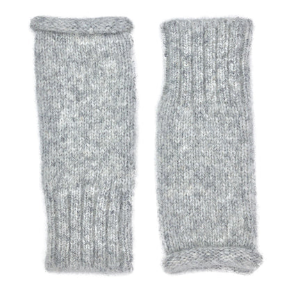 Pair of heather gray knit wrist warmers laid flat, plain knit body with a ribbed band and a rolled edge