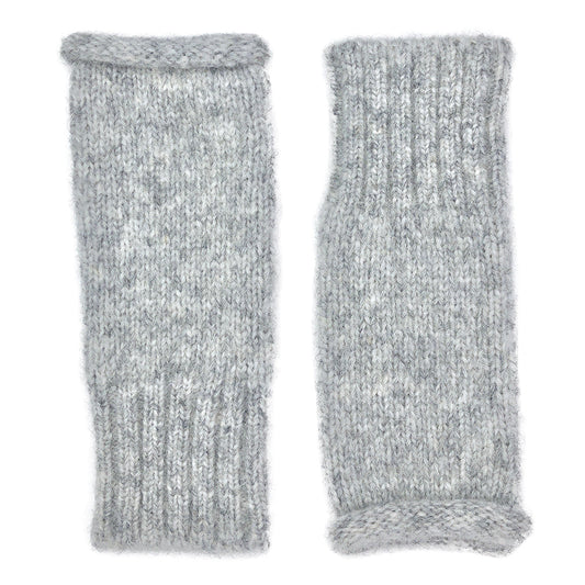 Pair of heather gray knit wrist warmers laid flat, plain knit body with a ribbed band and a rolled edge
