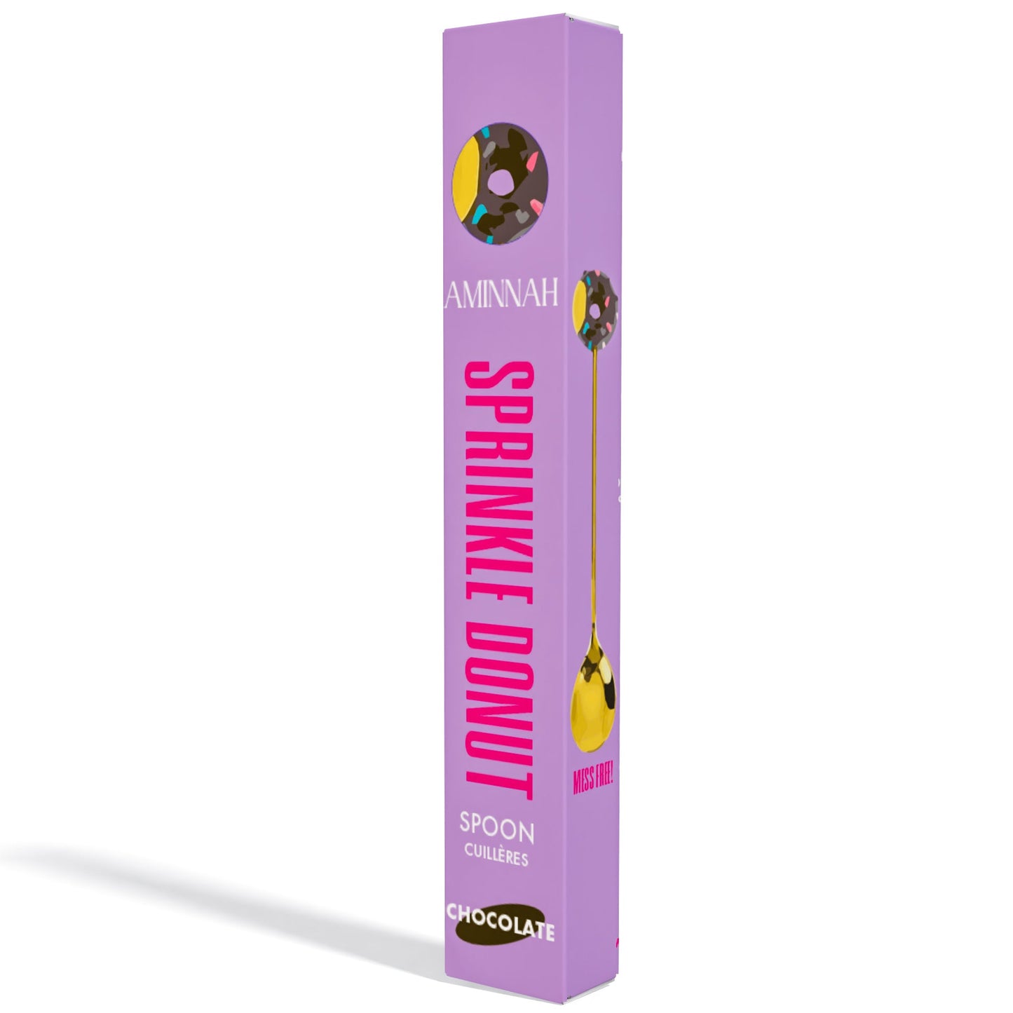 Sprinkle Donut spoon box angled to show the front and side of the packaging.