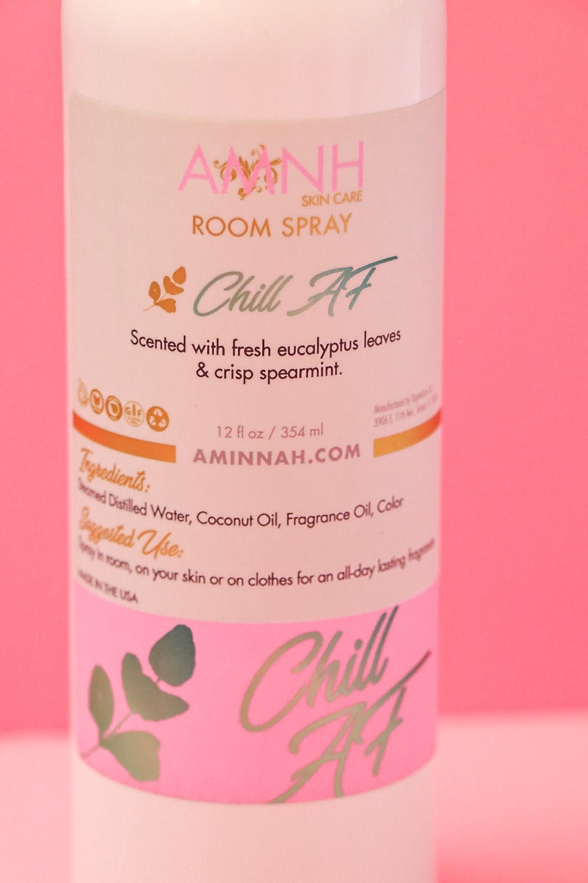 Close view of the room spray label showing the eucalyptus and spearmint artwork.
