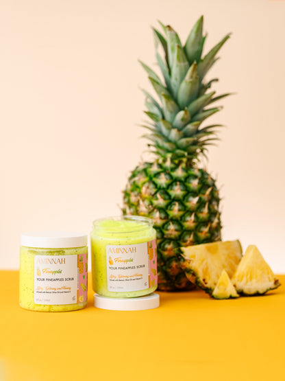 Three jars stacked in front of a whole pineapple on a peach background.