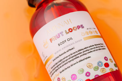 Close view of the Frut Loops body oil label on the bottle.
