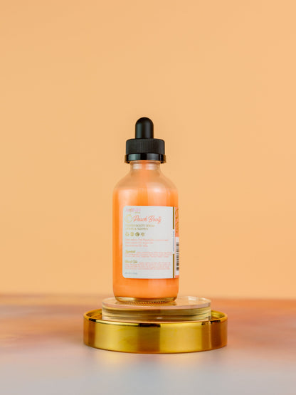 Serum bottle standing on a gold pedestal against orange.
