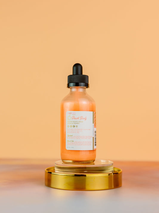 Serum bottle standing on a gold pedestal against orange.