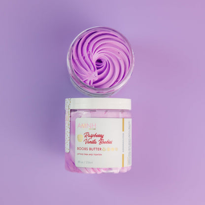 Jar topped with a tall purple whipped swirl on a purple background.