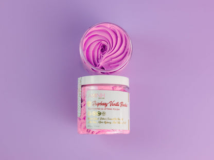 Jar of scrub topped with a purple swirl on a lilac background.