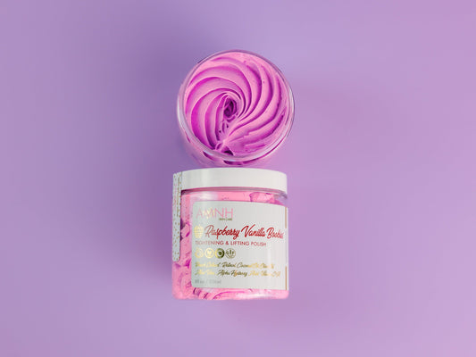 Jar of scrub topped with a purple swirl on a lilac background.
