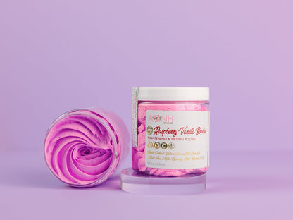 Two jars with purple swirls standing together on lilac.
