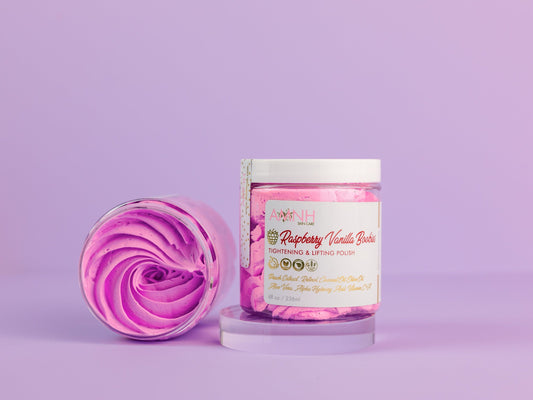 Two jars with purple swirls standing together on lilac.