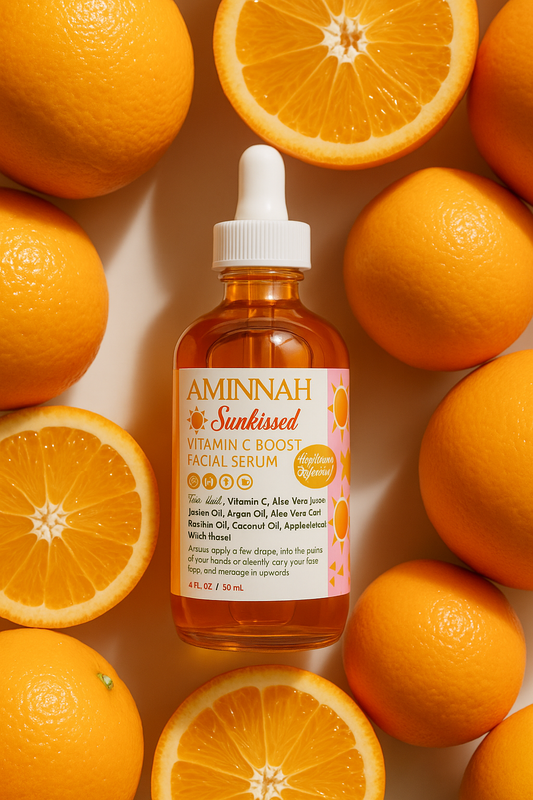 Serum bottle standing among whole and halved oranges.