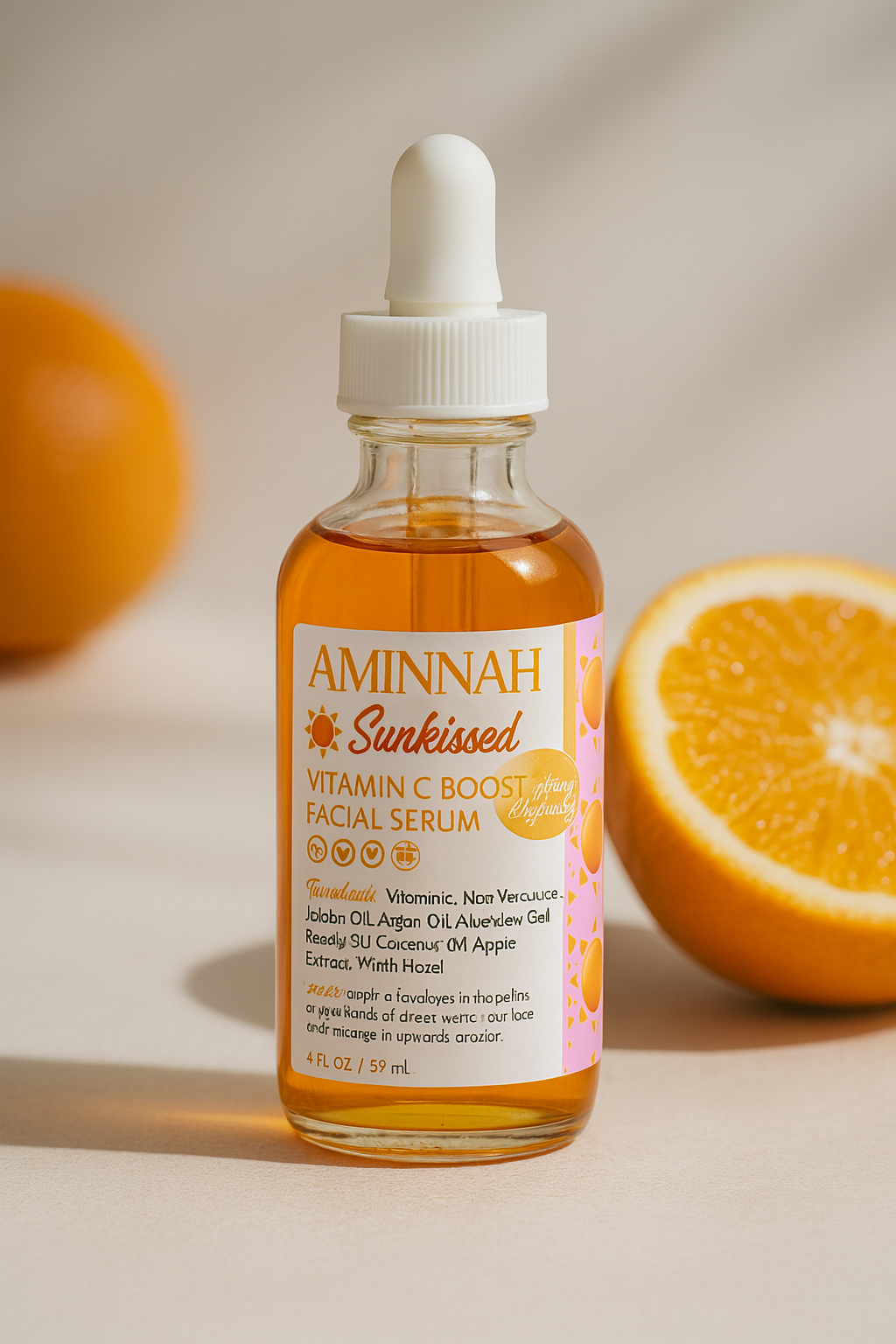 Serum bottle with a halved orange beside it on beige.