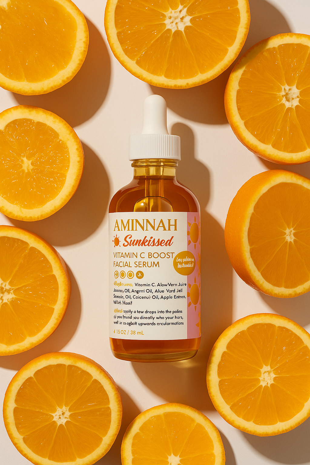 Serum bottle lying on a bed of orange slices.
