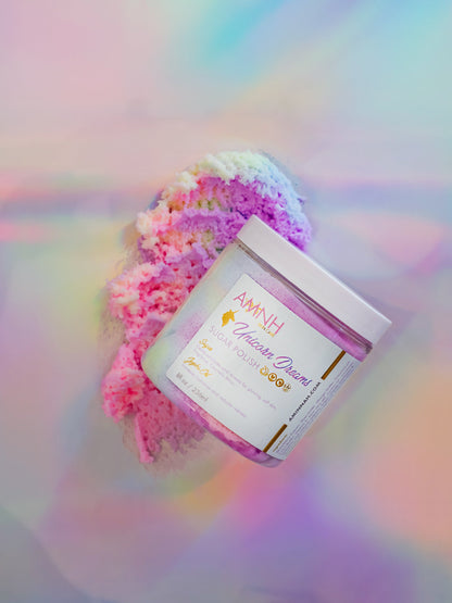 Jar of pastel sugar scrub on an iridescent background.