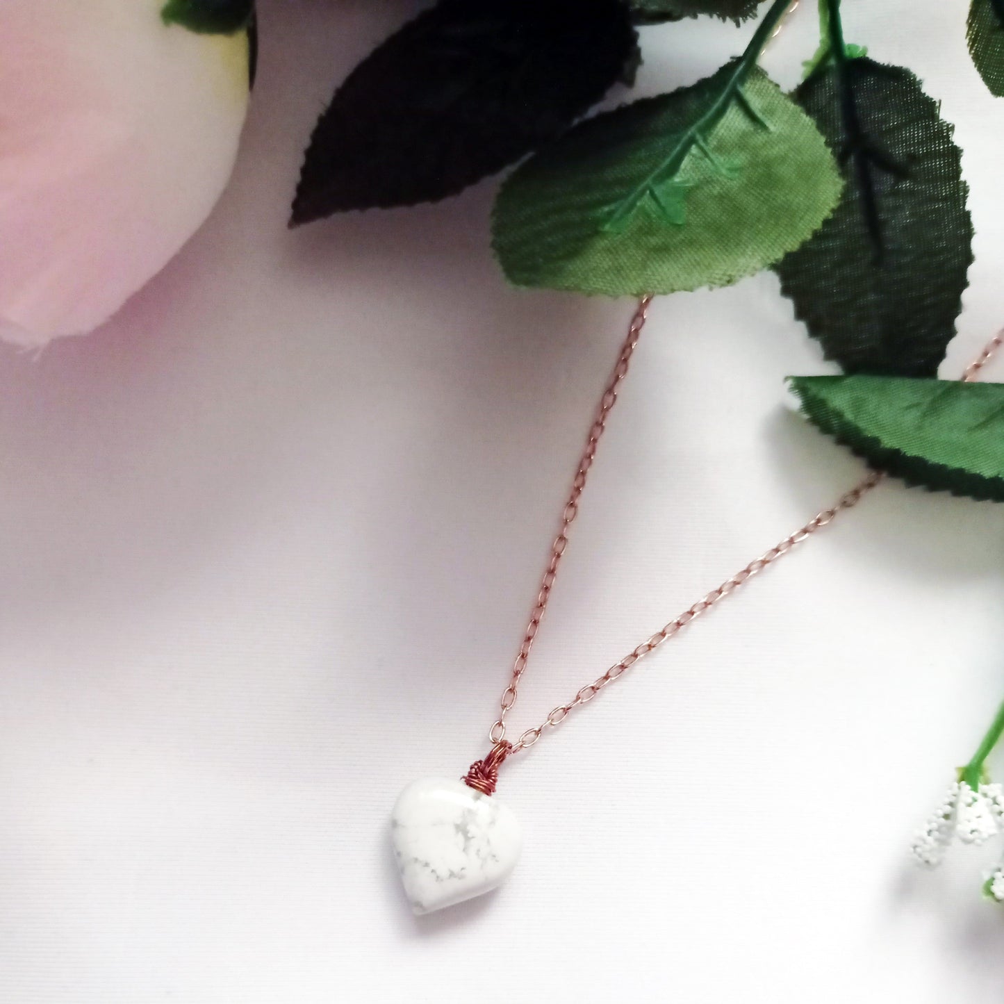 White Howlite Rose Gold necklace, White and Pink Gemstone Necklace, Bloom Collection | by nlanlaVictory-3