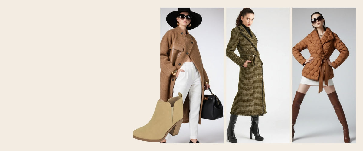Camel longline jacket, olive plaid trench coat and tobacco belted puffer on three models, with sand faux suede ankle boots