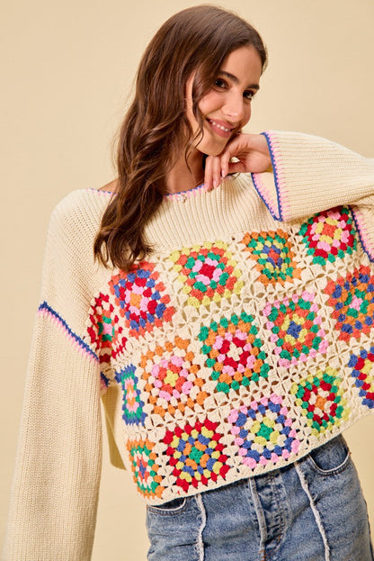 SO ME Multi Color Granny Crochet Lace Sweater Top-1