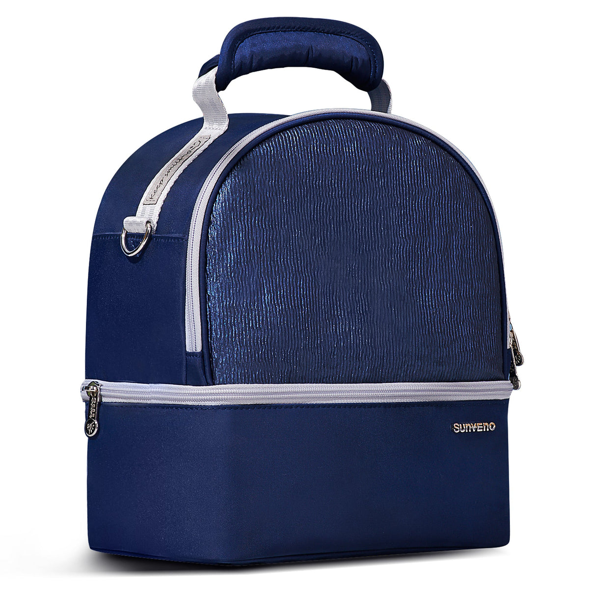 SUNVENO insulated cooler bag with dual compartments for breastmilk and meal storage, suitable for lunch and on-the-go use.