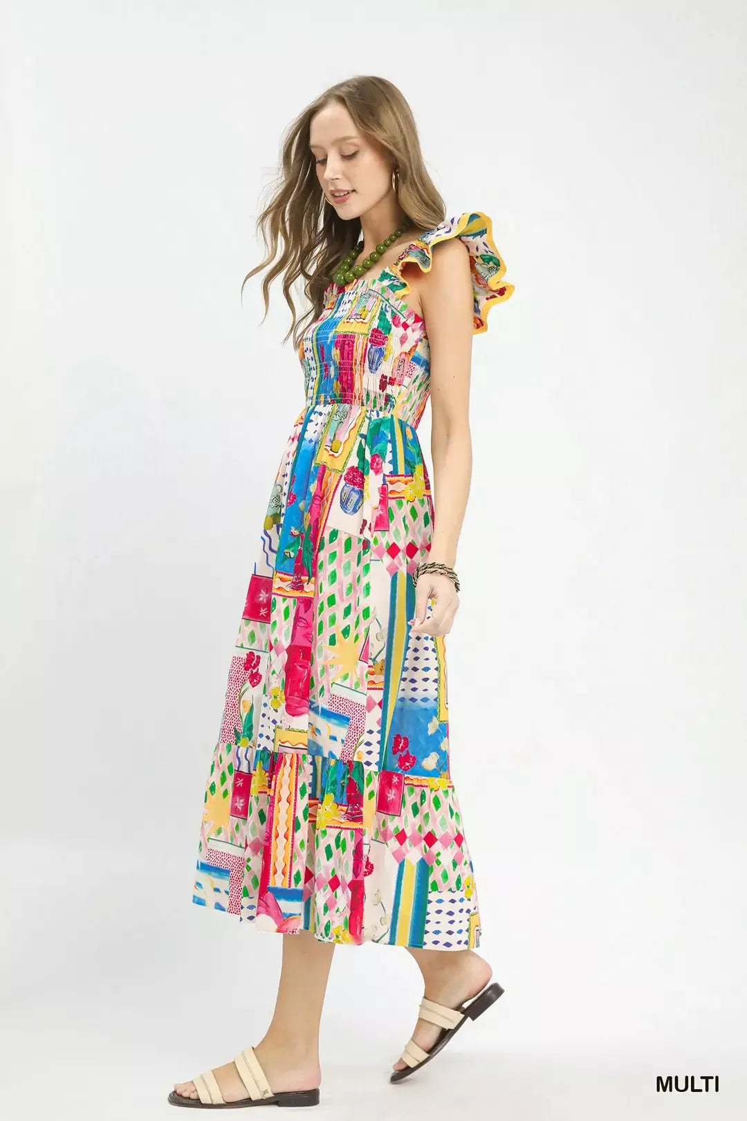 Umgee Abstract Print Smocked Ruffle Sleeve Tiered Midi Dress-2
