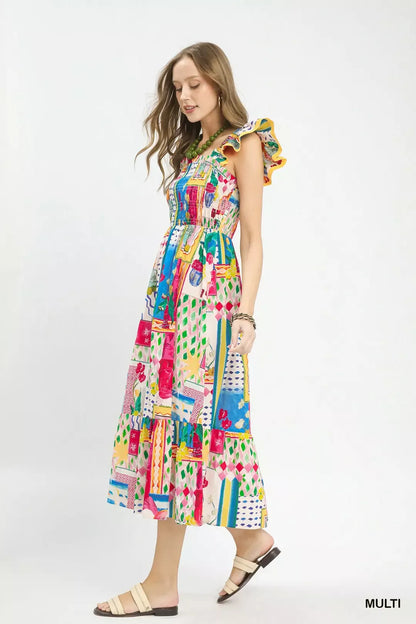 Umgee Abstract Print Smocked Ruffle Sleeve Tiered Midi Dress-2