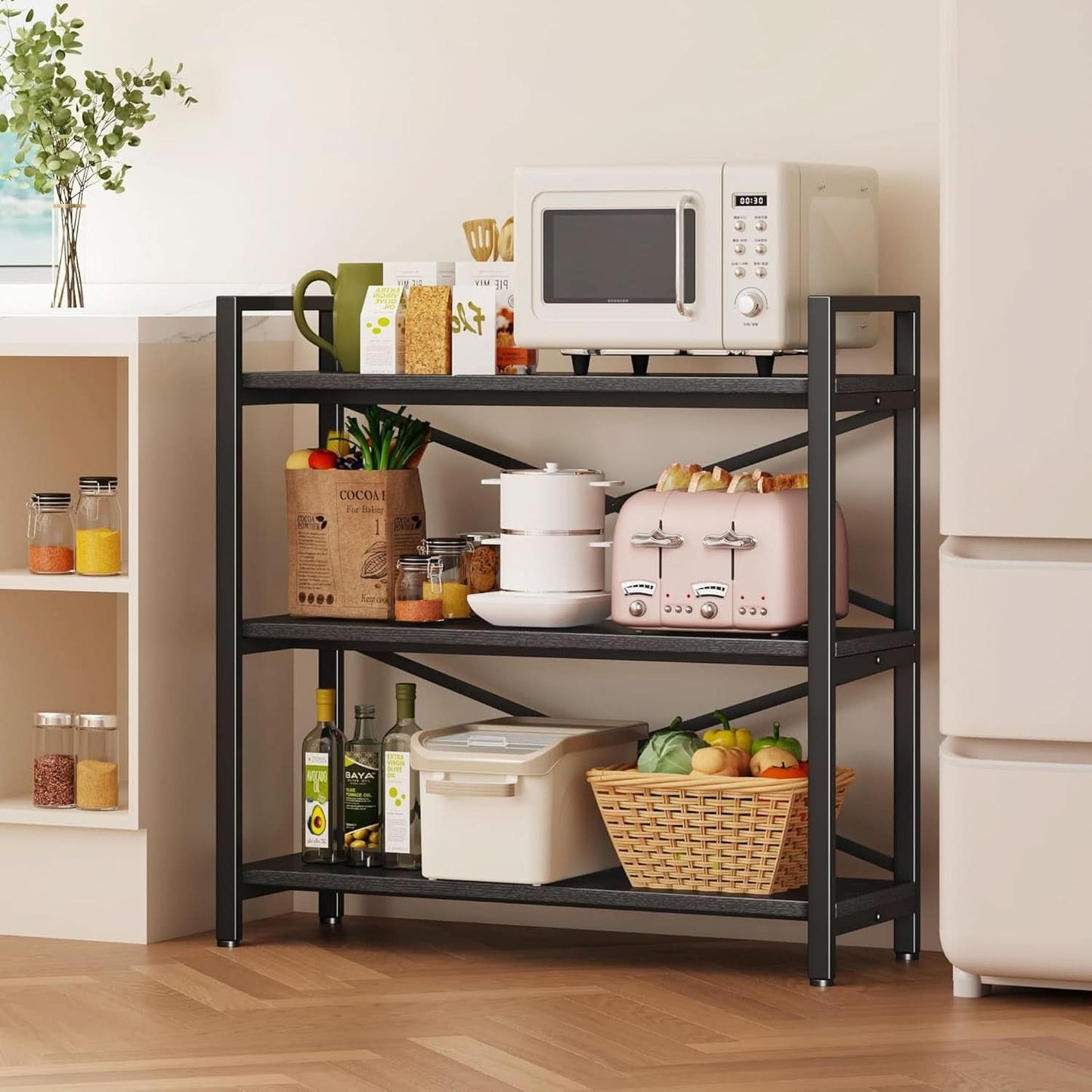 3 Tier Bookshelf 31 Inch Width Wood And Metal Etagere Black-4