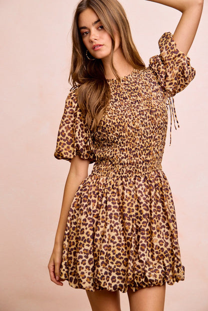 BiBi Leopard Bow Tie Attachable Puff Sleeves Dress-2