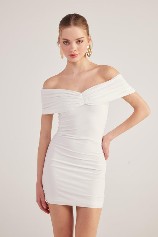 Muse White Bardot Neck Mini Dress-0