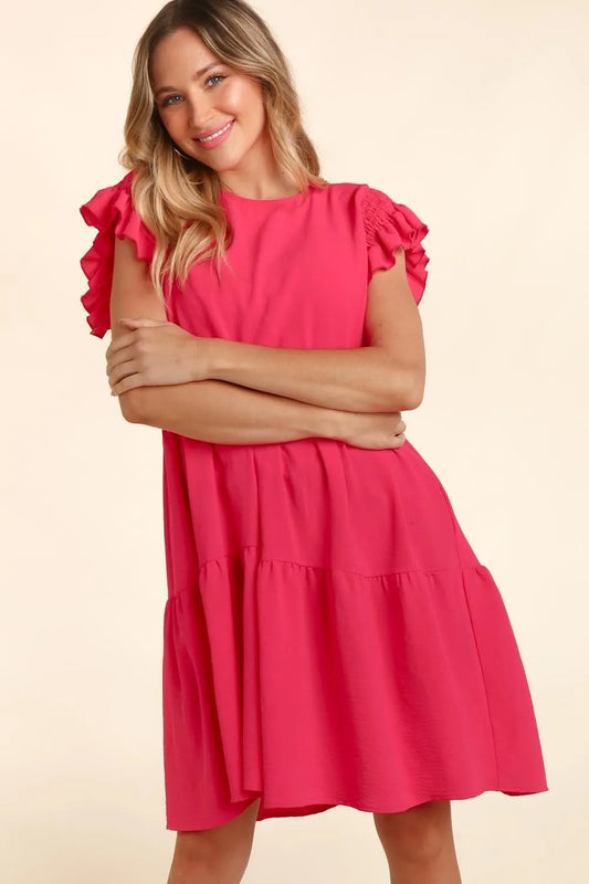 Haptics Full Size Smocking Ruffle Short Sleeve Dress with Pockets-0