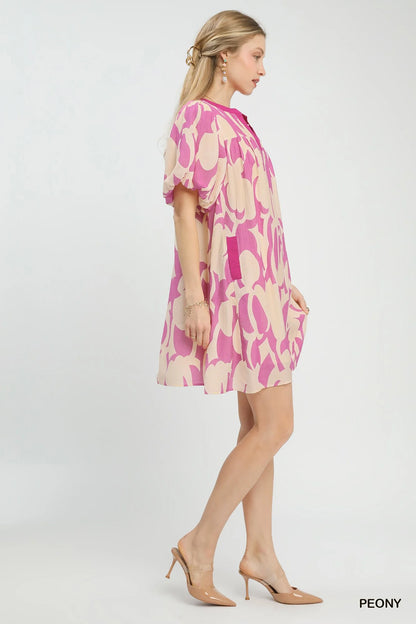 Umgee Abstract Print Puff Sleeve Shift Dress-2
