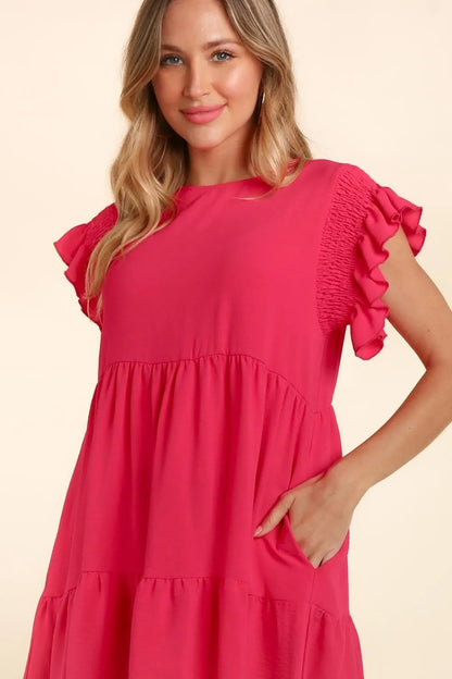 Haptics Full Size Smocking Ruffle Short Sleeve Dress with Pockets-2