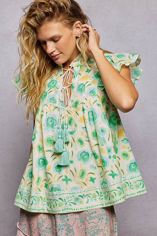 POL Tassel Tied Floral Flutter Sleeve Blouse-0