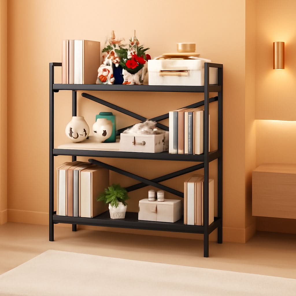 3 Tier Bookshelf 31 Inch Width Wood And Metal Etagere Black-0