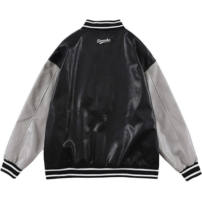 Baseball Jacket Men Retro Color Block Furry Patch Leather Bomber Coat Autumn Baggy High Street College Style Streetwear-2