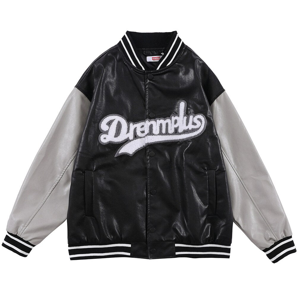 Baseball Jacket Men Retro Color Block Furry Patch Leather Bomber Coat Autumn Baggy High Street College Style Streetwear-3