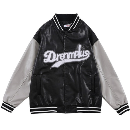 Baseball Jacket Men Retro Color Block Furry Patch Leather Bomber Coat Autumn Baggy High Street College Style Streetwear-3