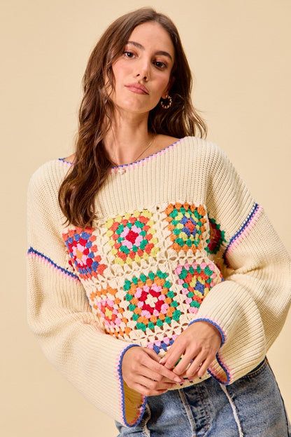 SO ME Multi Color Granny Crochet Lace Sweater Top-3