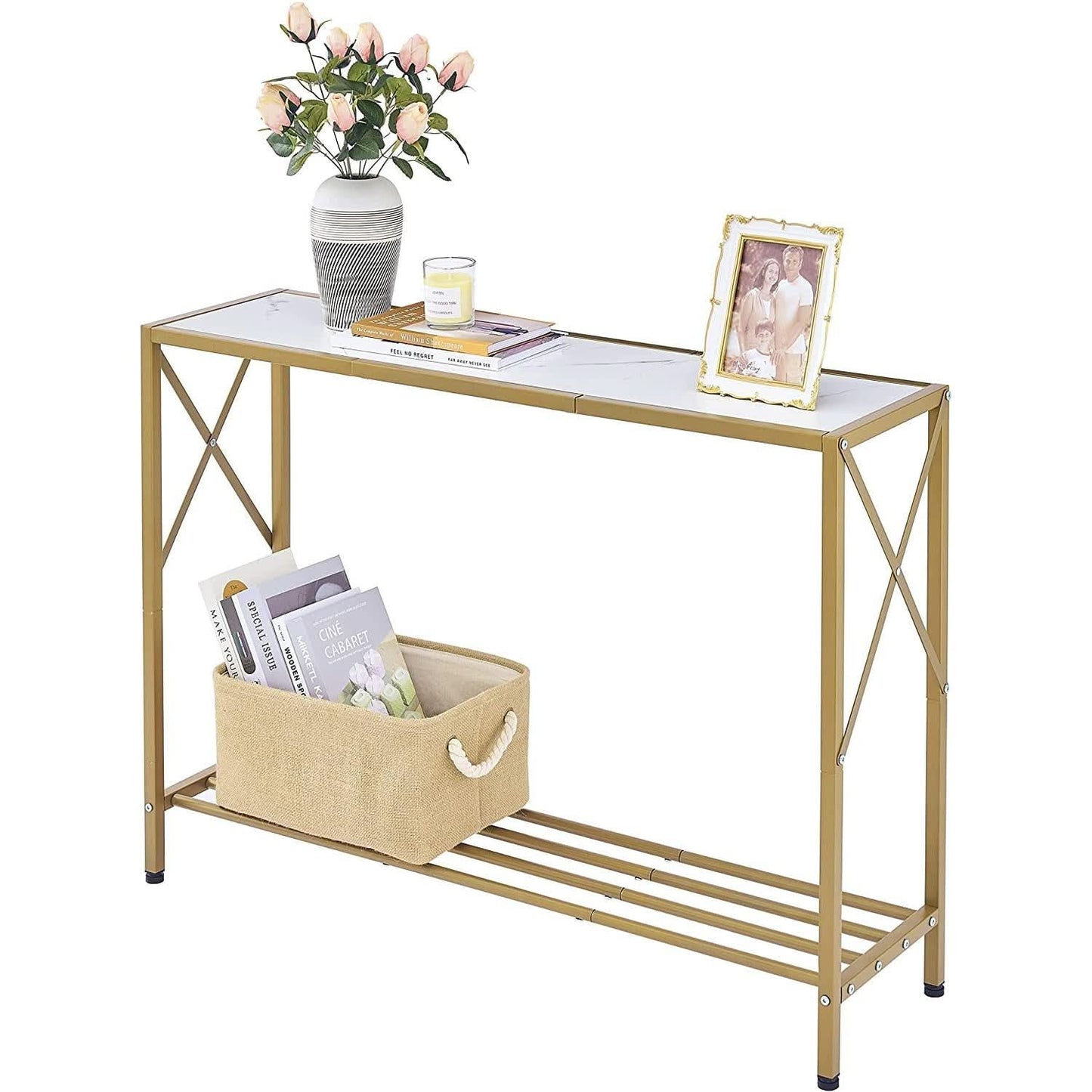 Gold And White Narrow Console Table With Shelves 41 Inch Long-1