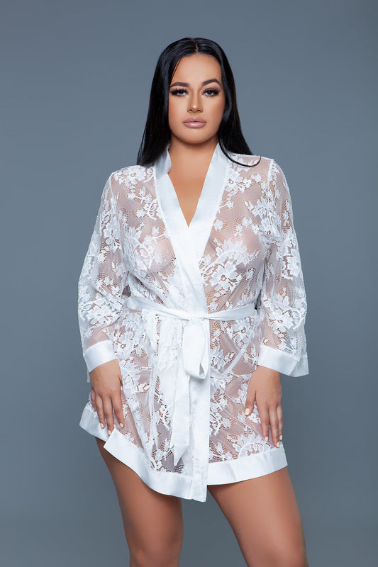 Floral lace robe in white with satin trim on a model, front view with the satin belt tied