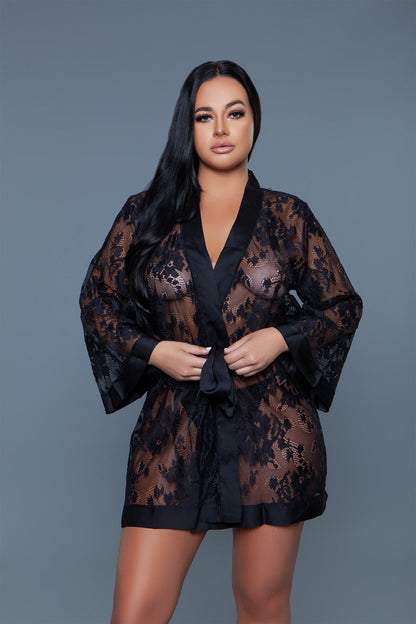 Floral lace robe in black with black satin trim, front view with the belt held at the waist