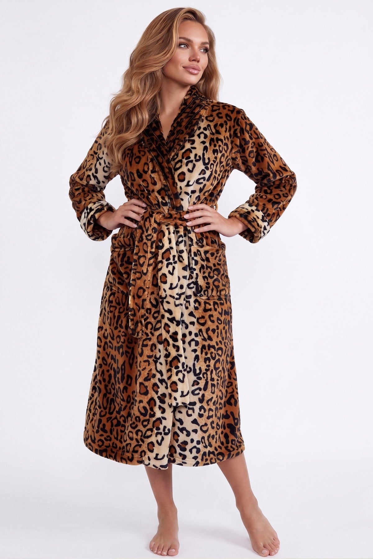 Leopard print plush robe on a model, full length front view showing the below the knee hem