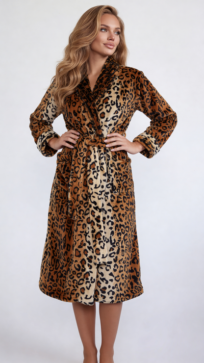 Leopard print plush robe, front view with hands on the waist and the tie belt knotted