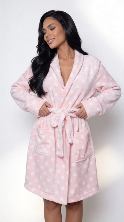 Plush shawl collar robe in pale pink with white polka dots, front view with the belt tied