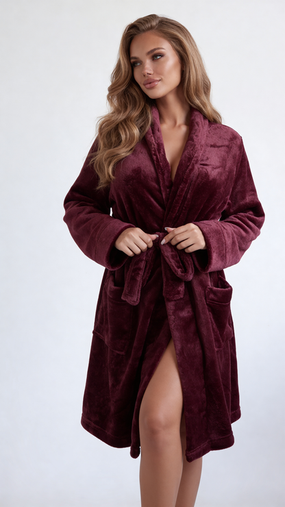 Plush shawl collar robe in burgundy, front view with the belt held loosely at the waist