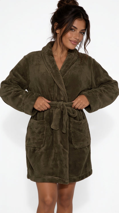 Plush shawl collar robe in olive green, front view with the belt tied and pockets visible