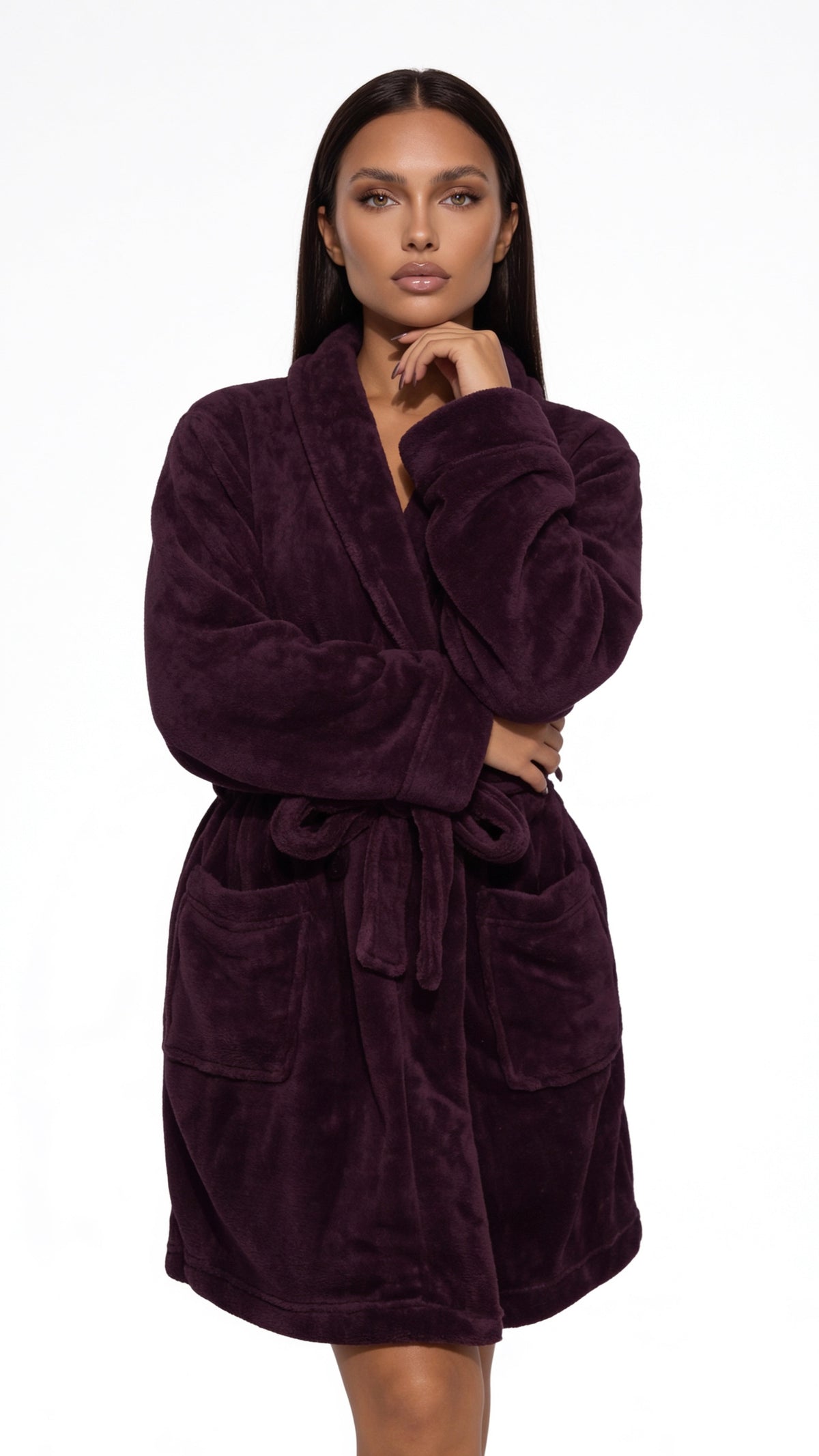 Plush shawl collar robe in plum, front view showing the wrap and two front patch pockets